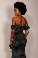Load image into Gallery viewer, Black and White Off the Shoulder Sheath Maxi Polka Dot Dress with Slit