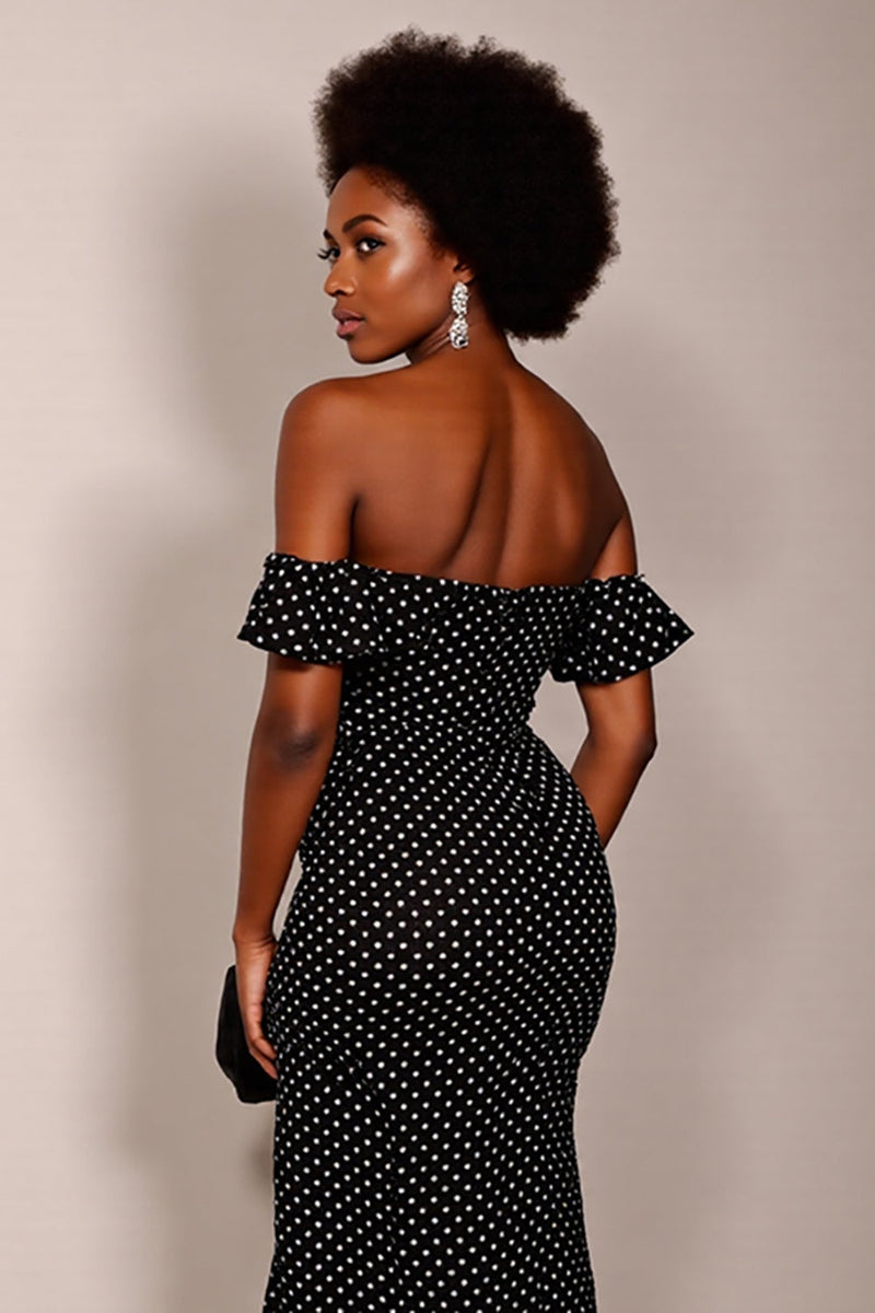 Load image into Gallery viewer, Black and White Off the Shoulder Sheath Maxi Polka Dot Dress with Slit
