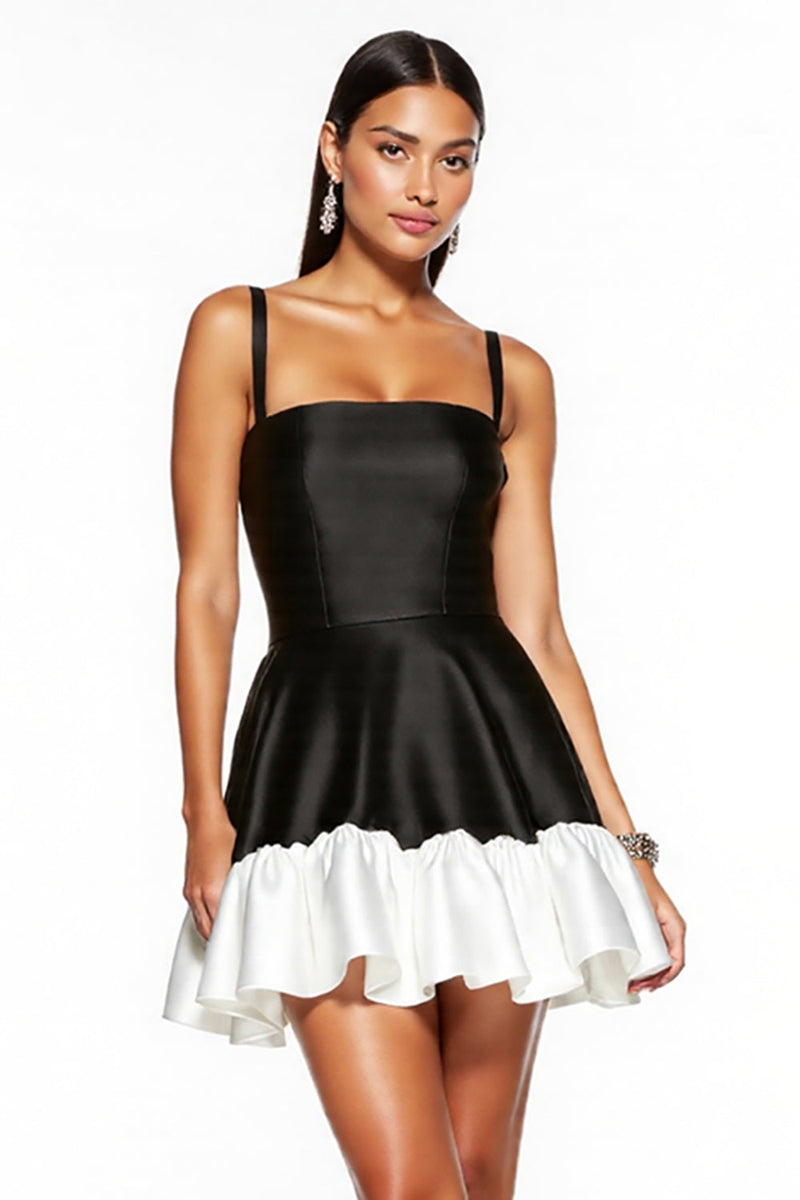 Load image into Gallery viewer, Black and White Spaghetti Straps A Line Patchwork Short Satin Cocktail Dress