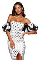 Load image into Gallery viewer, Strapless White and Black Floral Slit Tight Midi Polka Dot Dress
