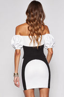 Load image into Gallery viewer, Black and White Puff Sleeves Short Patchwork Tight Cocktail Dress
