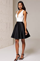 Load image into Gallery viewer, Simple Black and White Deep V-Neck Short Patchwork Satin Cocktail Dress