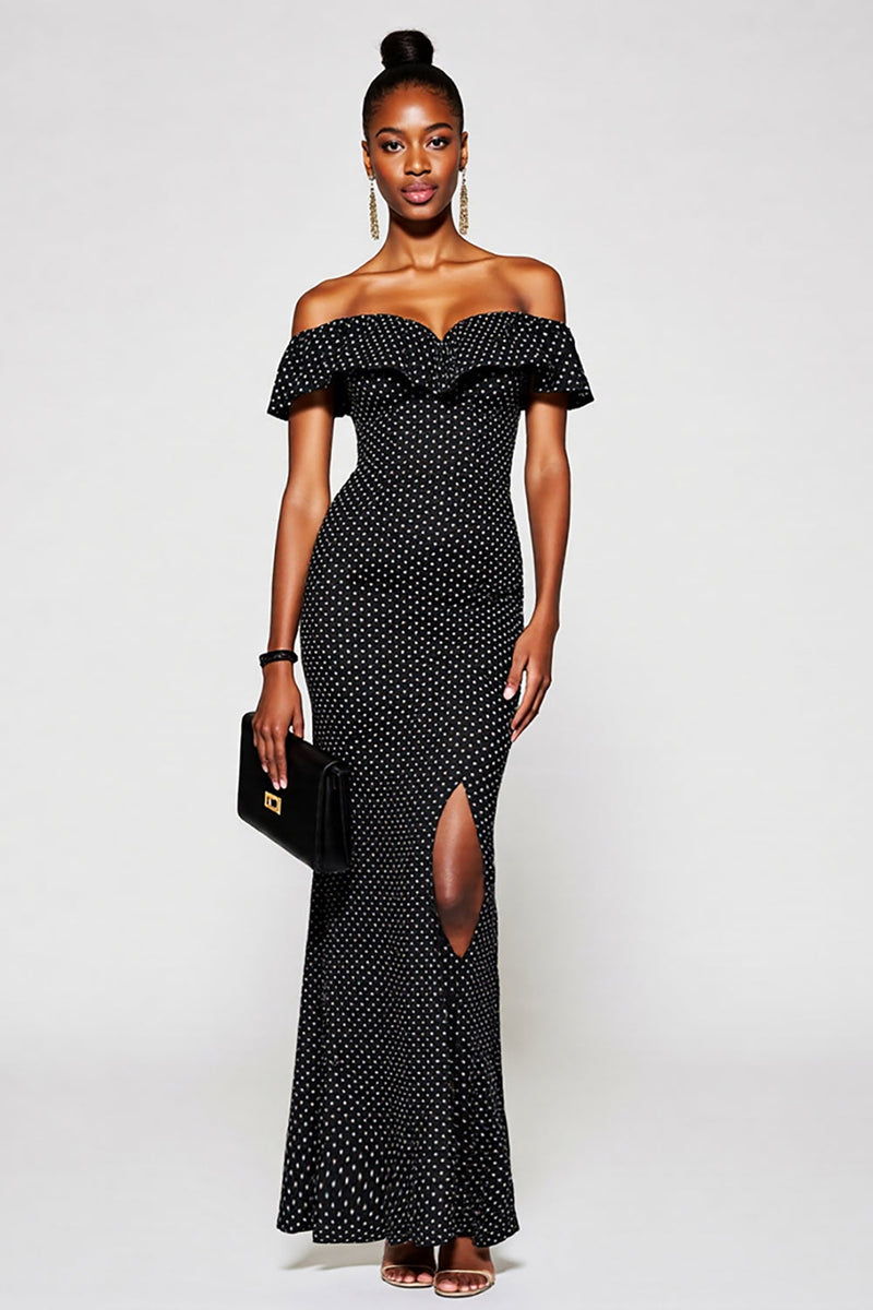Load image into Gallery viewer, Black and White Mermaid Off the Shoulder Maxi Polka Dot Dress with Slit