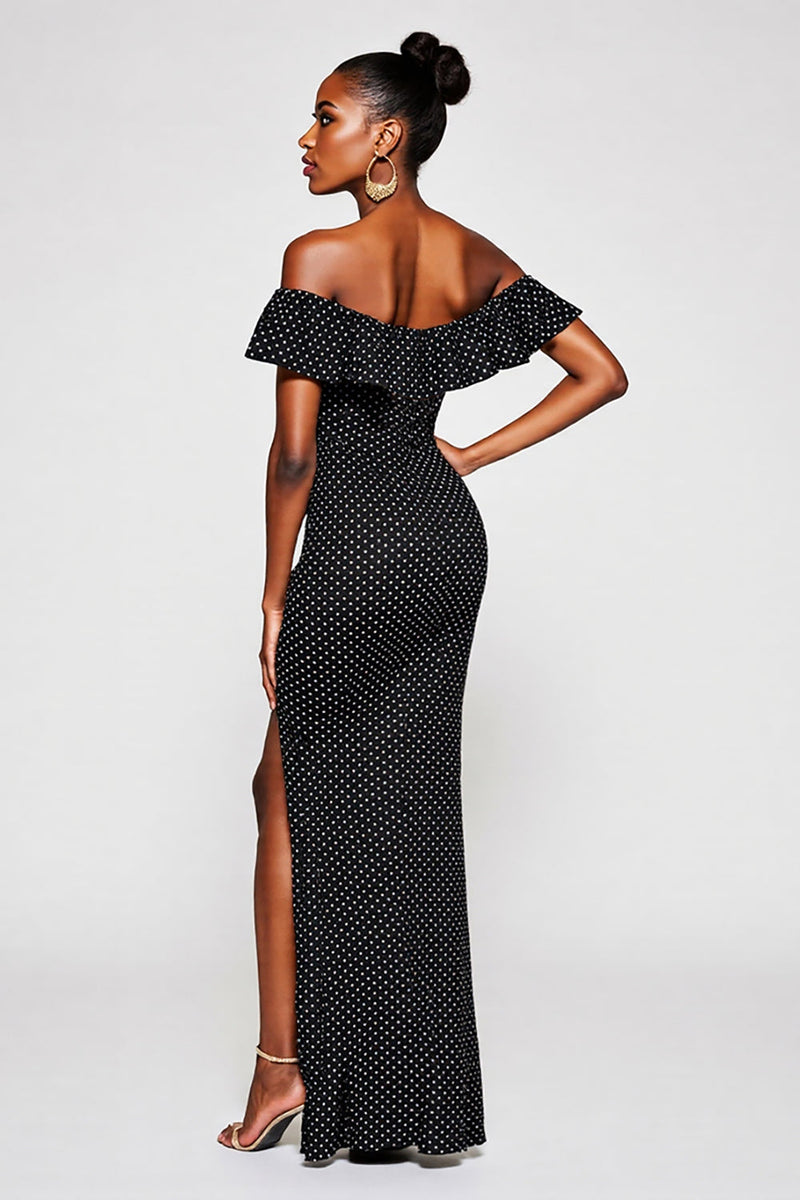 Load image into Gallery viewer, Black and White Mermaid Off the Shoulder Maxi Polka Dot Dress with Slit