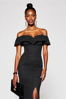 Load image into Gallery viewer, Black and White Mermaid Off the Shoulder Maxi Polka Dot Dress with Slit
