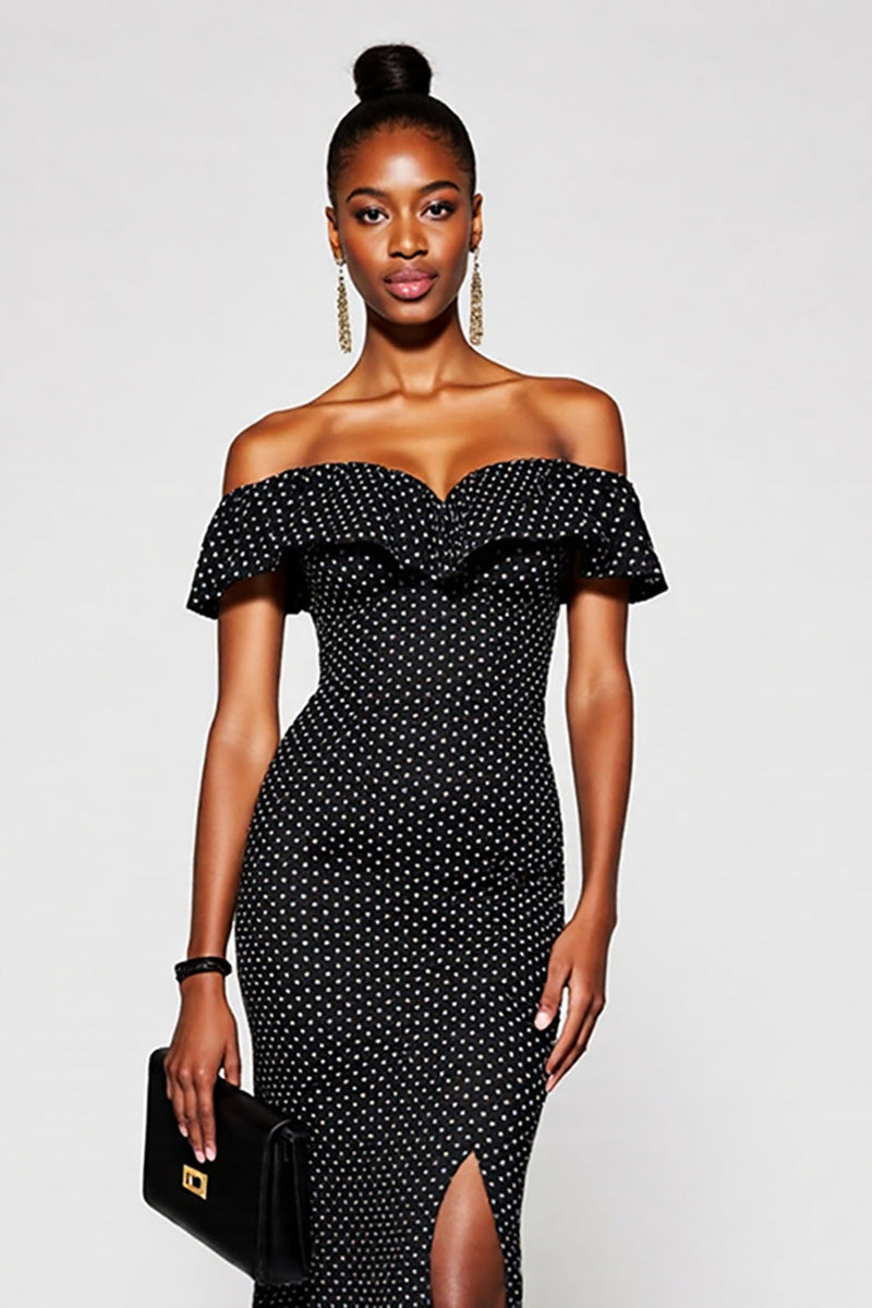 Load image into Gallery viewer, Black and White Mermaid Off the Shoulder Maxi Polka Dot Dress with Slit