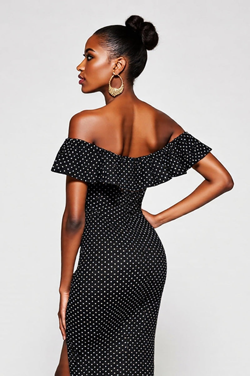 Load image into Gallery viewer, Black and White Mermaid Off the Shoulder Maxi Polka Dot Dress with Slit