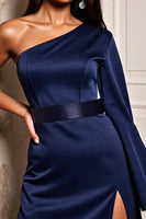 Load image into Gallery viewer, Navy One Shoulder Short Tight Satin Cocktail Dress with Sleeves