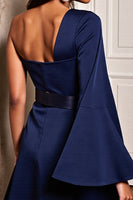Load image into Gallery viewer, Navy One Shoulder Short Tight Satin Cocktail Dress with Sleeves