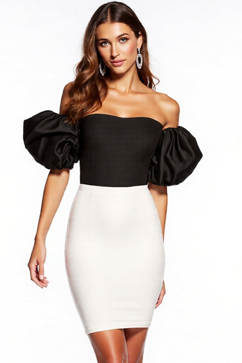Load image into Gallery viewer, Black and White Strapless Patchwork Puff Sleeves Short Tight Cocktail Dress