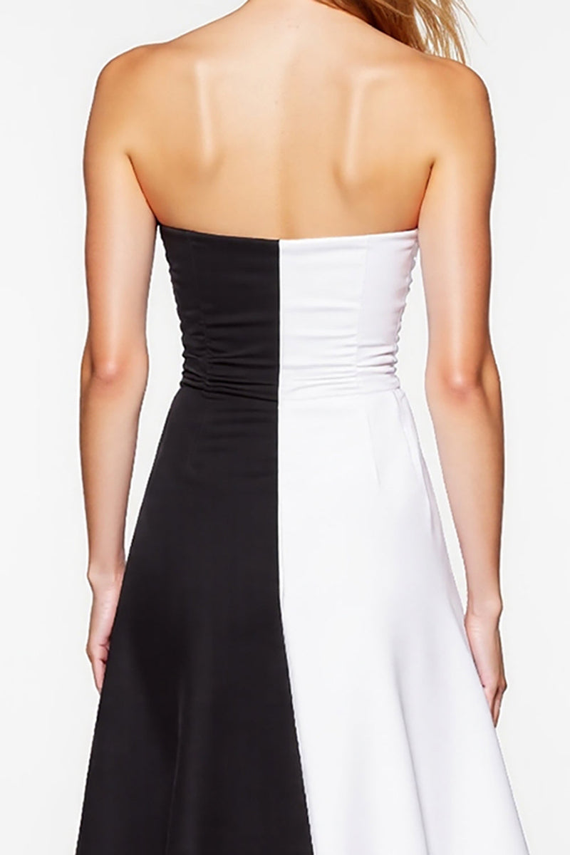 Load image into Gallery viewer, Black and White Strapless Patchwork Short Cocktail Dress with Slit
