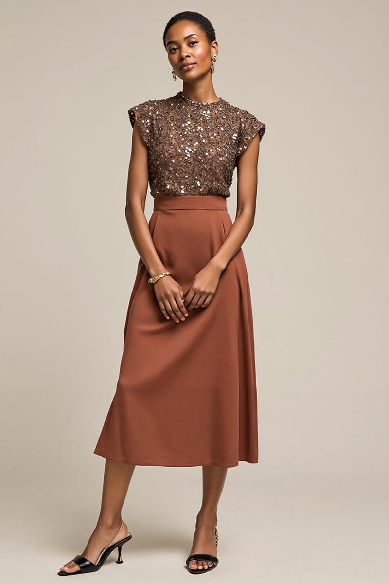 Load image into Gallery viewer, Sparkly Brown Satin Midi 2 Piece Cap Sleeves Work Blouses and Skirt with Sequins