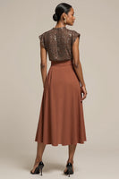 Load image into Gallery viewer, Sparkly Brown Satin Midi 2 Piece Cap Sleeves Work Blouses and Skirt with Sequins