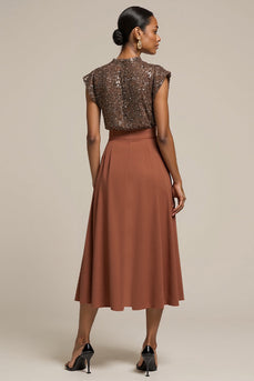Sparkly Brown Satin Midi 2 Piece Cap Sleeves Work Blouses and Skirt with Sequins