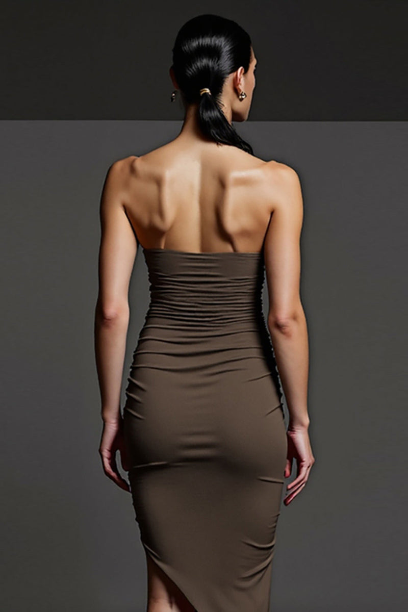 Load image into Gallery viewer, Coffee Strapless Ruched Asymmetrical Work Dress with Pencil