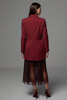 Burgundy Long Sleeves Peak Lapel Satin Women Work Blazer with Pockets