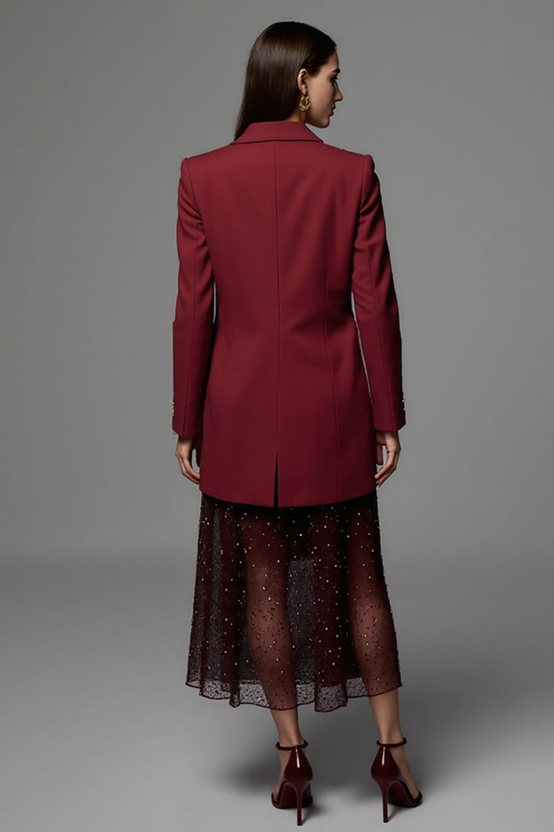 Load image into Gallery viewer, Burgundy Long Sleeves Peak Lapel Satin Women Work Blazer with Pockets