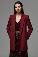 Load image into Gallery viewer, Burgundy Long Sleeves Peak Lapel Satin Women Work Blazer with Pockets