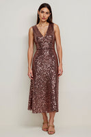 Load image into Gallery viewer, Sparkly V-Neck Coffee Sequin Long Holiday Party Dress