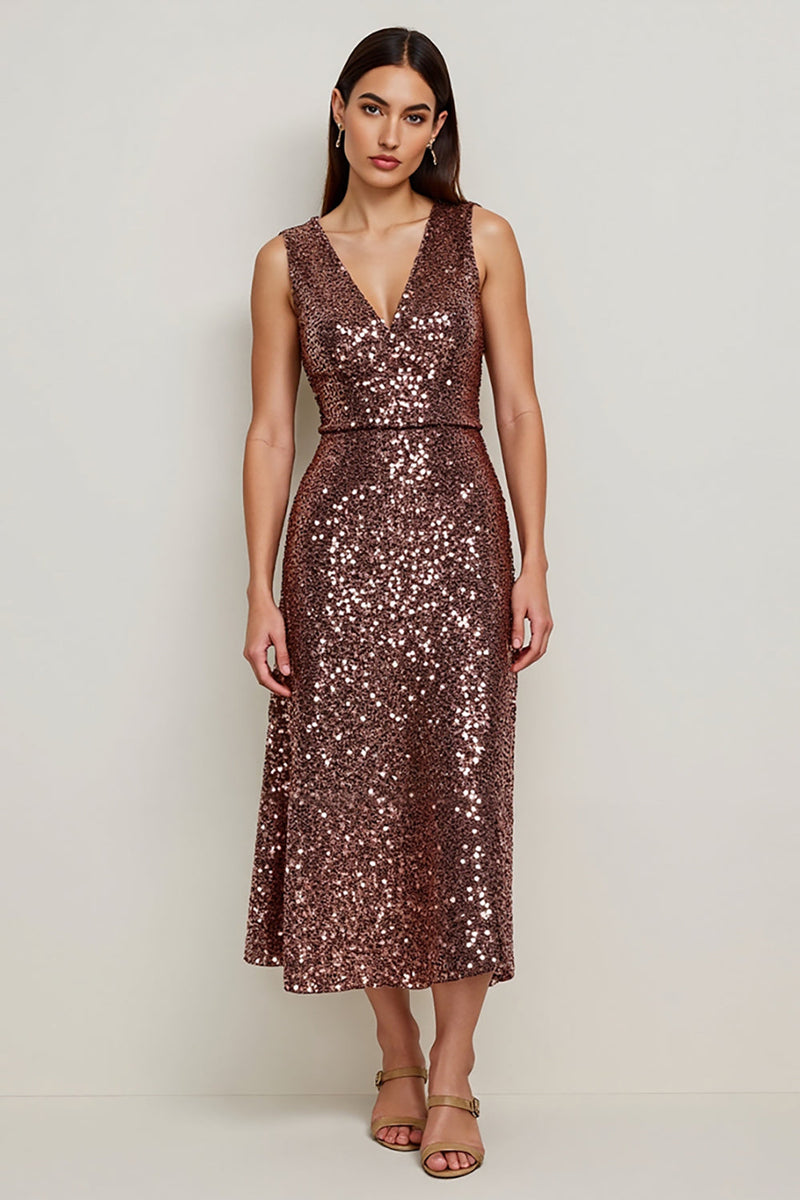 Load image into Gallery viewer, Sparkly V-Neck Coffee Sequin Long Holiday Party Dress