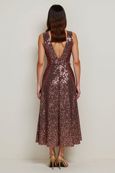 Sparkly V-Neck Coffee Sequin Long Holiday Party Dress