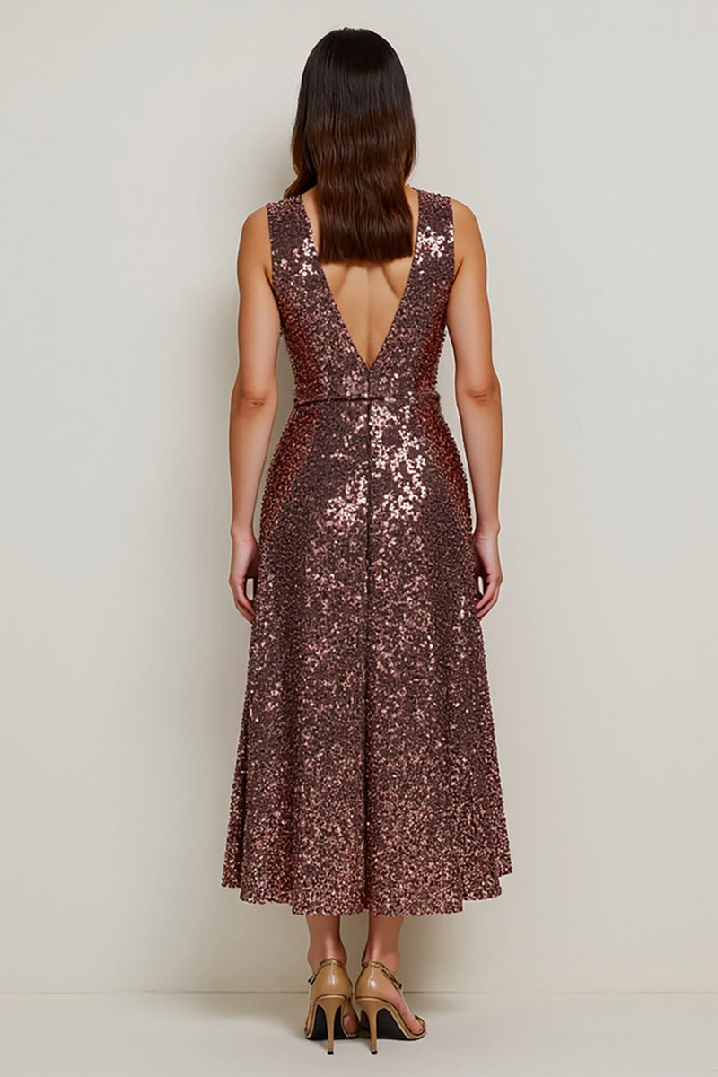 Load image into Gallery viewer, Sparkly V-Neck Coffee Sequin Long Holiday Party Dress