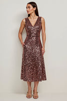 Load image into Gallery viewer, Sparkly V-Neck Coffee Sequin Long Holiday Party Dress
