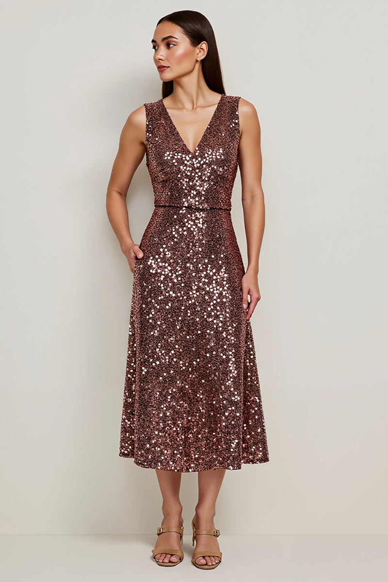 Load image into Gallery viewer, Sparkly V-Neck Coffee Sequin Long Holiday Party Dress