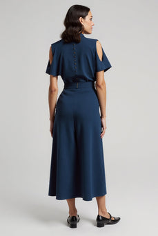 Dark Blue Short Sleeves Pencil Maxi Work Dress with Bow