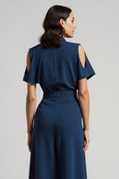 Load image into Gallery viewer, Dark Blue Short Sleeves Pencil Maxi Work Dress with Bow