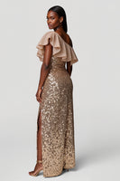 Load image into Gallery viewer, Sparkly Champagne One Shoulder Ruffles Long Holiday Party Dress
