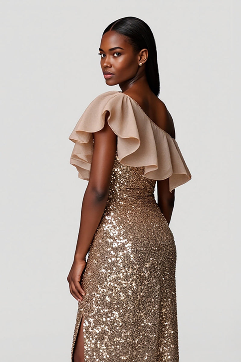 Load image into Gallery viewer, Sparkly Champagne One Shoulder Ruffles Long Holiday Party Dress
