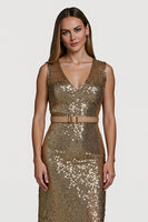 Load image into Gallery viewer, Sparkly Golden V-Neck Midi Sequin Cocktail Dress with Belt