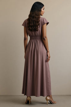 A Line Grey Purple Notched Lapel Maxi Work Dress with Sleeves