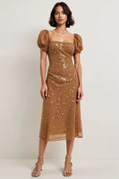 Load image into Gallery viewer, Sparkly Brown Puff Sleeves Midi Sequin Holiday Party Dress