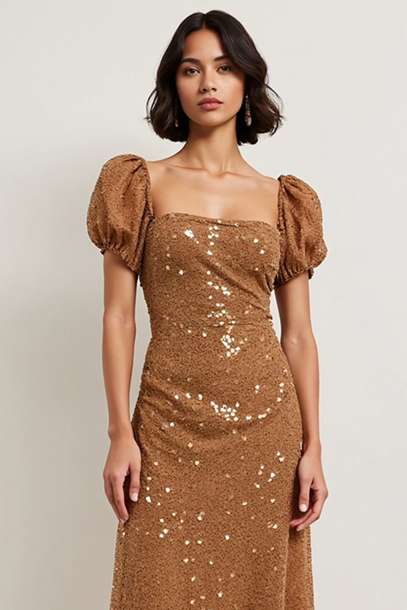 Load image into Gallery viewer, Sparkly Brown Puff Sleeves Midi Sequin Holiday Party Dress