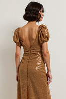 Load image into Gallery viewer, Sparkly Brown Puff Sleeves Midi Sequin Holiday Party Dress