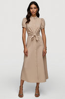 Load image into Gallery viewer, Khaki Short Sleeves Sash Maxi Work Dress with Ruched