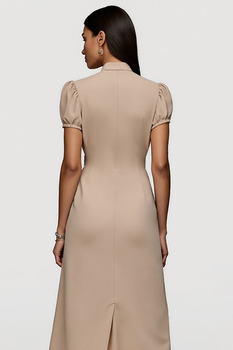Load image into Gallery viewer, Khaki Short Sleeves Sash Maxi Work Dress with Ruched