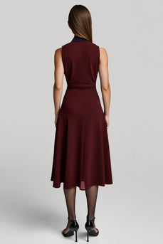 A Line Burgundy Halter Midi Work Dress with Sash