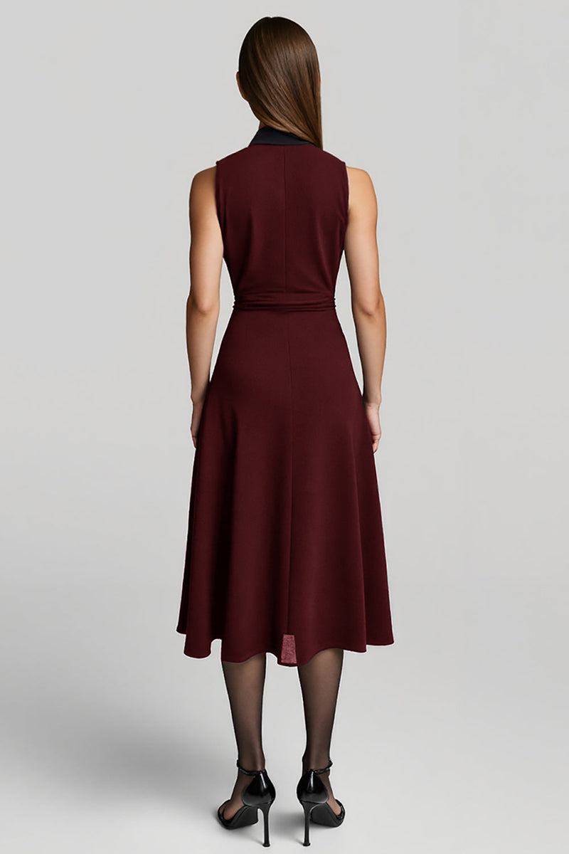 Load image into Gallery viewer, A Line Burgundy Halter Midi Work Dress with Sash