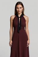 Load image into Gallery viewer, A Line Burgundy Halter Midi Work Dress with Sash