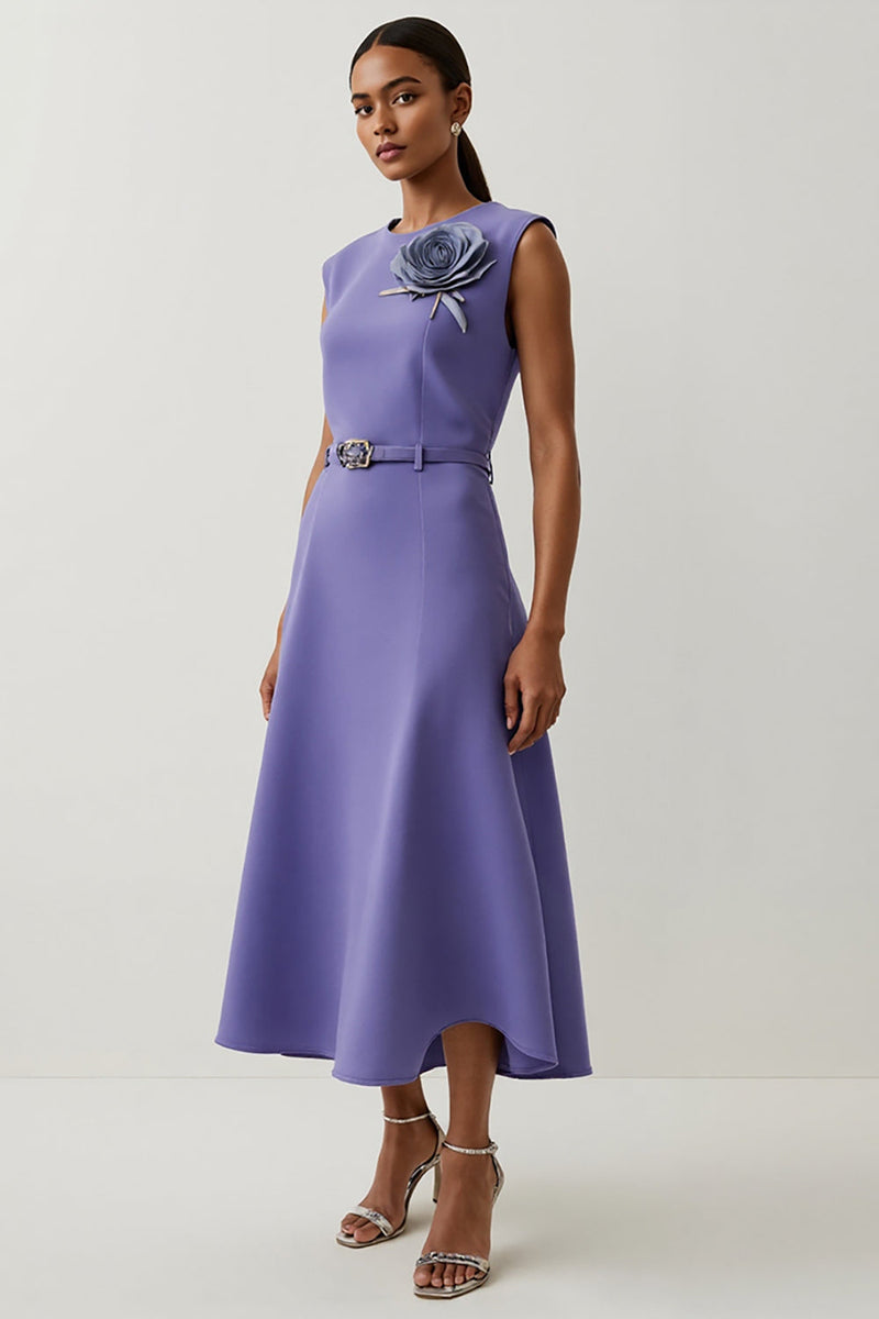 Load image into Gallery viewer, A Line Purple Floral Maxi Satin Work Dress with Belt
