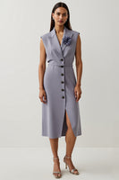 Load image into Gallery viewer, Grey A Line Peak Lapel Purple Floral Satin Midi Blazer Dress