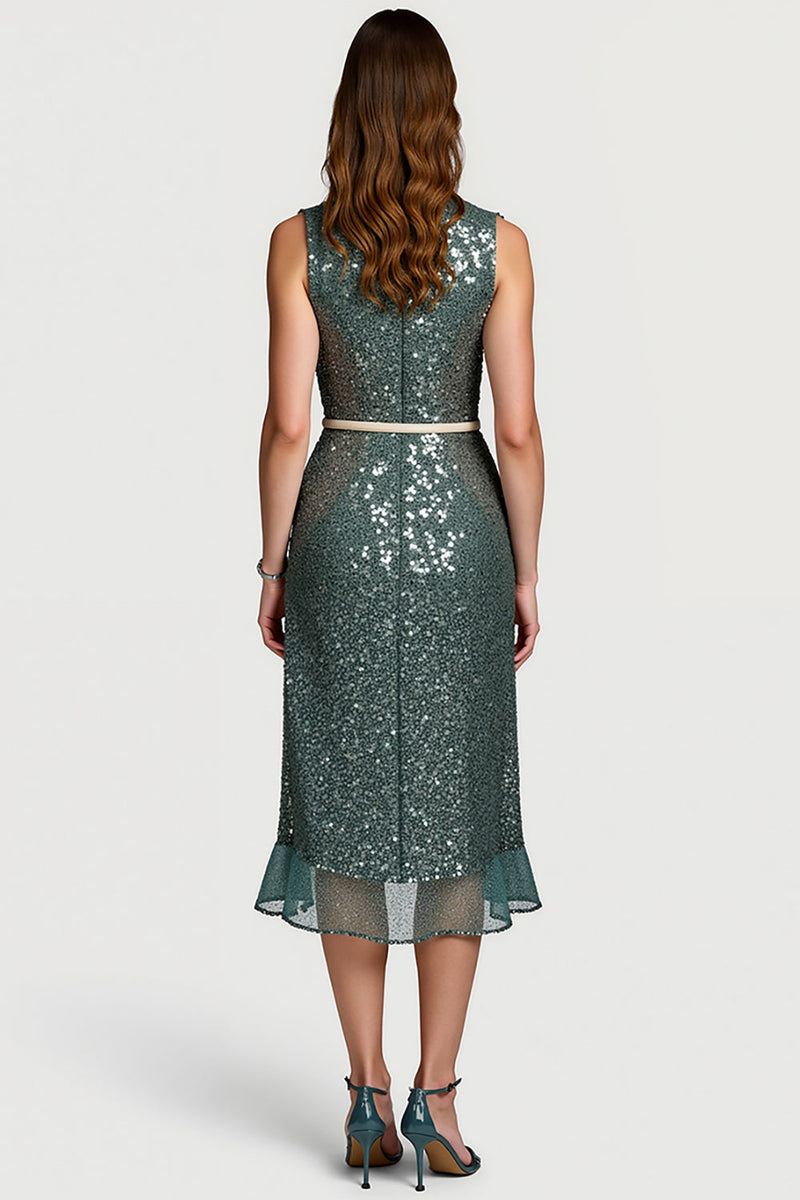 Load image into Gallery viewer, Sparkly Notched Lapel Grey Green Midi Sequin Holiday Party Dress