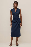 Load image into Gallery viewer, Navy V-Neck Satin Pencil Midi Work Dress with Ruched