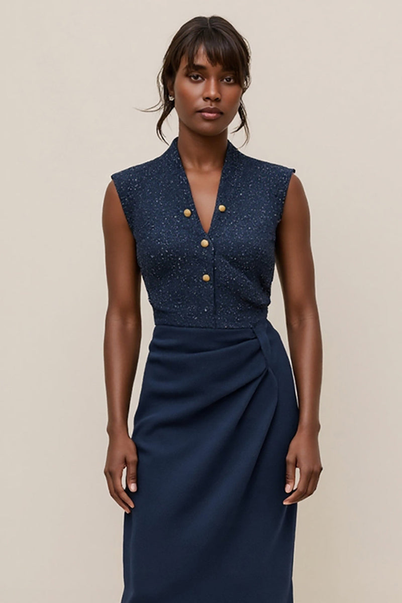 Load image into Gallery viewer, Navy V-Neck Satin Pencil Midi Work Dress with Ruched