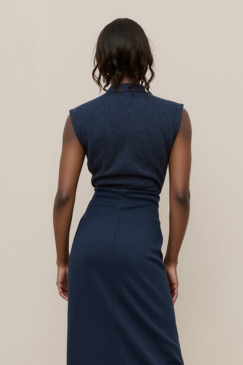 Load image into Gallery viewer, Navy V-Neck Satin Pencil Midi Work Dress with Ruched