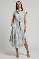 Load image into Gallery viewer, Light Blue Cap Sleeves Striped Midi Work Dress with Sash