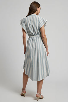 Light Blue Cap Sleeves Striped Midi Work Dress with Sash
